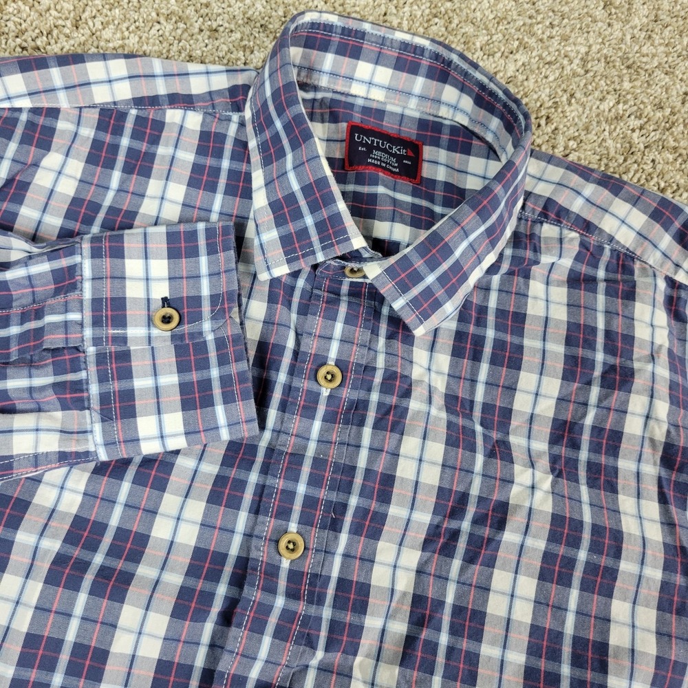 Untuckit Mens Medium Blue White Red Plaid Button‎ Up Long Sleeve